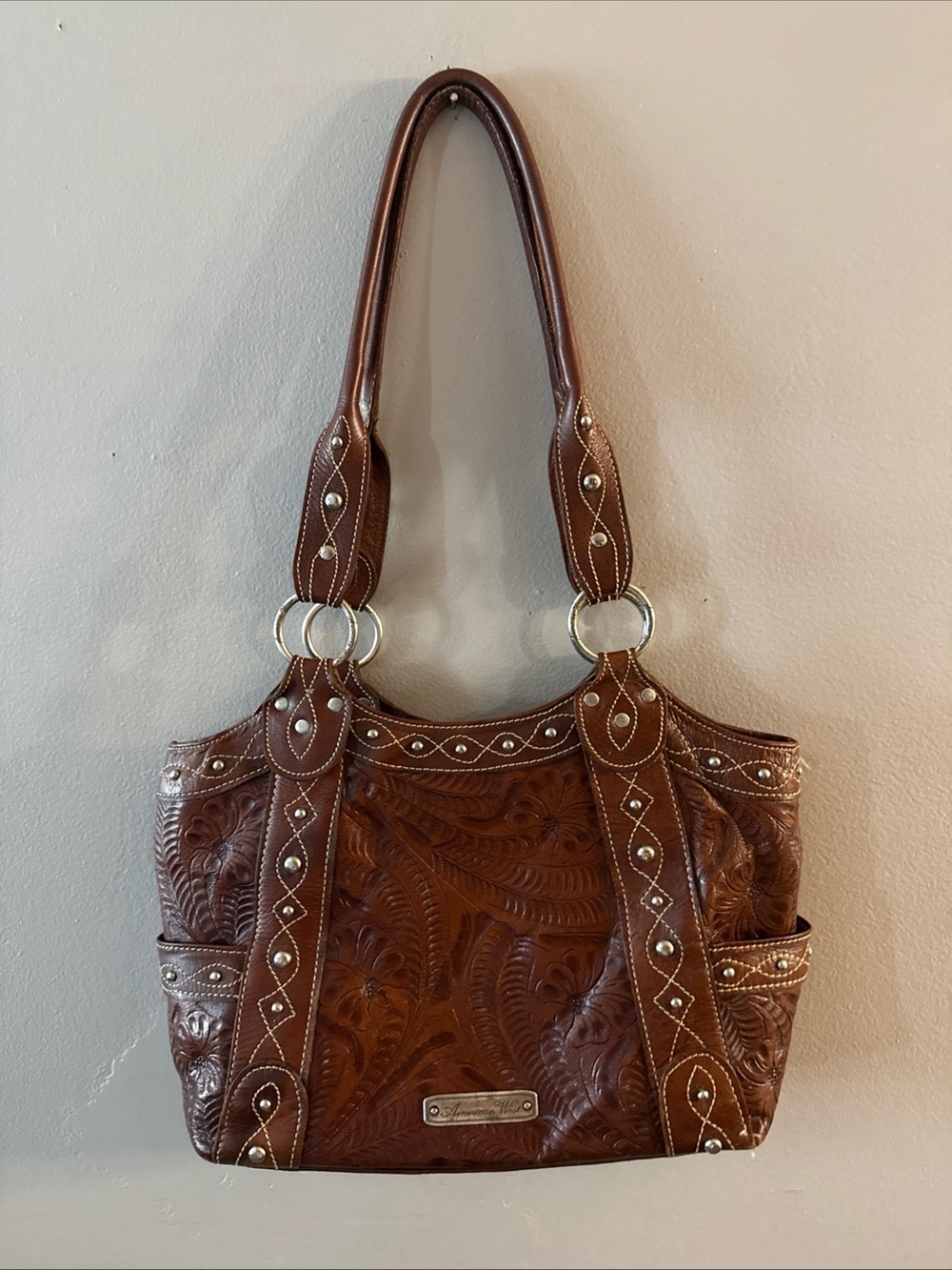 American west Brown Tooled Leather Shoulder Bag with Stud Accents